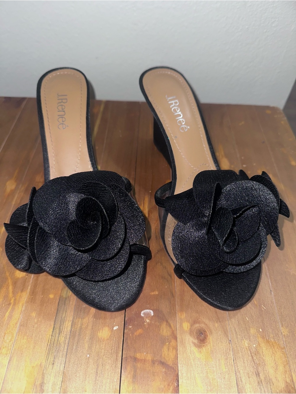 J.Renee Black Floral Satin Slide Sandals